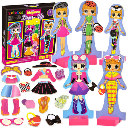 Latocos Wooden Magnetic Dress up Dolls Girls Pretend Play Set 40+ Girls Fashion Outfit Matching Games Fridge Magnets for Toddlers 3 4 5 6 Preschool Learning Toys Kids Birthday Gifts