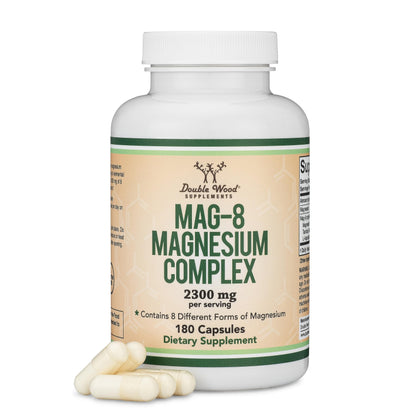 Magnesium Complex Supplement 180 Capsules (436mg Elemental Magnesium Provided by 2,300mg of Eight Different Forms of Magnesium) MAG-8 Provides 100% Daily Recommended Value of Magnesium by Double Wood