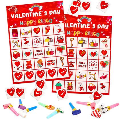 Valentines Day Bingo Game for Kids, Bingo Cards with 32 Players & 10 Pcs Party Blowers for Valentine Party Games, Valentine Crafts School Classroom Party Favor Activities,Holiday Party Craft Supplies
