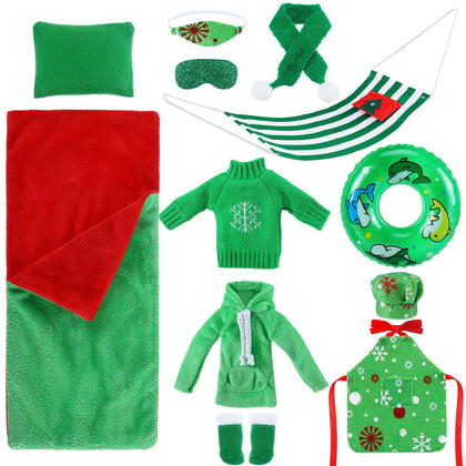 Bencailor 12 Pcs Christmas Elf Doll Accessories Set Include Elf Sleeping Bag Pillow Scarf Mask Eye Patch Sweater Hoodie Shoes Hammock Apron Chef Hat Swim Ring Fit for Elf Dolls, Doll is Not Included