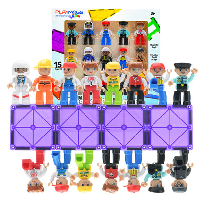 Playmags Large Magnetic Figures Community Set of 15 Pieces - 3 Play People Perfect for Magnetic Toys Building Blocks - STEM Learning Toys for Kids - Magnet Tiles Expansion Accessories Pack
