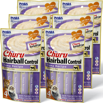 INABA Churu for Cats, Functional, Creamy Lickable Purée Cat Treat for Hairball Control with Taurine & Vitamin E, 0.5 Ounces Each, 24 Tubes (4 per Pack), Tuna Recipe