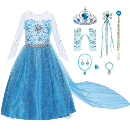 Princess Costumes for Girls Dress Up Clothes for Little Girls Toddler Costume with Accessories Crown Christmas Birthday Party (130 5-6 Years)