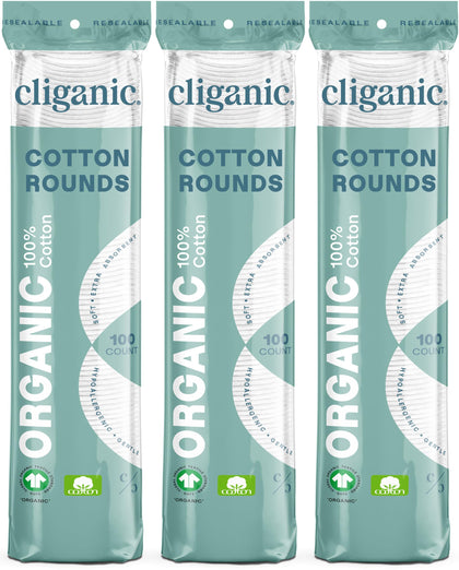 Cliganic Organic Cotton Rounds (300 Count) Makeup Remover Pads, Hypoallergenic, Lint-Free | 100% Pure Cotton (Packaging May Vary)
