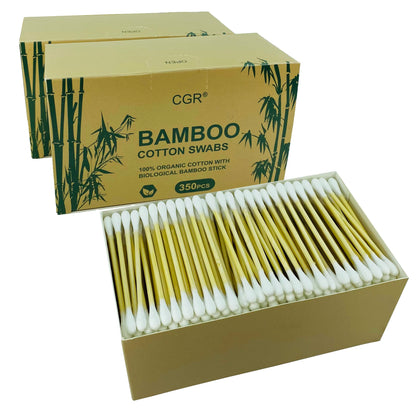 1050pcs CGR Organic cotton Swabs, 100% Cotton Double-Tipped, Bamboo Sticks(compostable), Travel Pack(3 Pack of 350 Swabs Total)