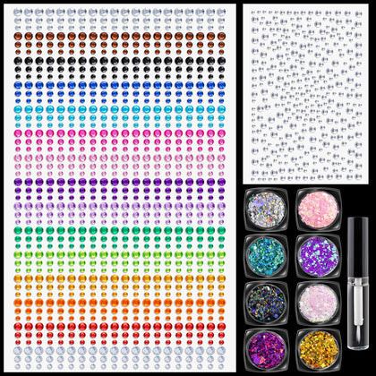 Rainbow Face Gem Stickers and Chunky Glitter Set 1, 1225 Pcs 3-6mm Face Rhinestones and 8 Pots Chunky Glitter, with Glue for Makeup Eyes Face Hair Body Nails, Crafts and Decorations