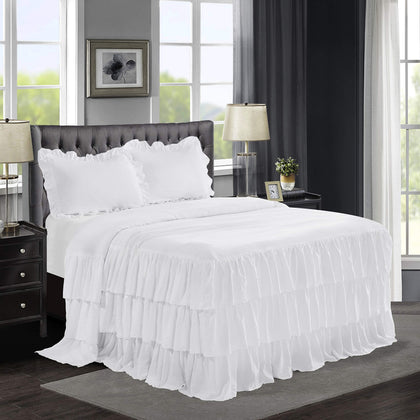 HIG 3 Piece Ruffle Skirt Bedspread Set King - White 30 inches Drop Ruffled Style Bed Skirt Coverlets Bedspreads Dust Ruffles - Bedding Collections King Size - 1 Bedspread, 2 Standard Shams (Echo)