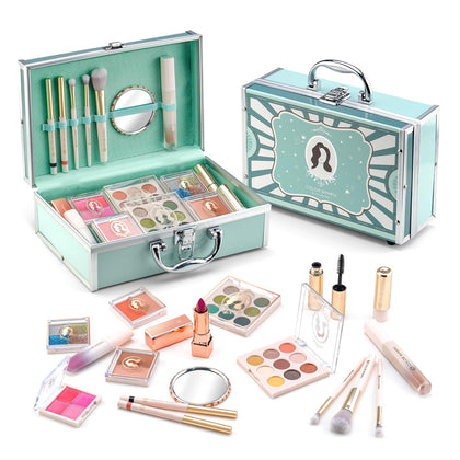Color Nymph Girls Makeup Kits For Teens With Green Retro Train Case Included Portable Matte Shimmer Glitter Eyeshadow Palettes,Lipstick,Lip Oils,Blushes,Highlighter,Brushes,Mirror