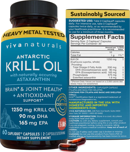 Viva Naturals Antarctic Krill Oil Omega 3 Fatty Acid Supplements 1250 mg, High EPA DHA & Astaxanthin Concentration for Brain, Joint Health & Antioxidant Support, No Fish Burps, 60 Count