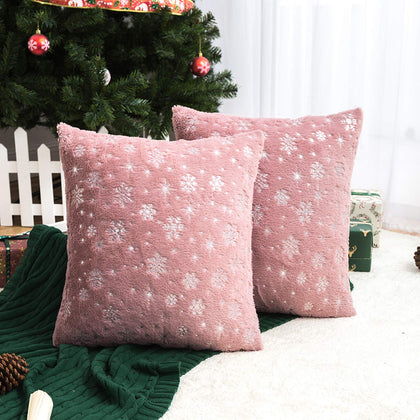 AQOTHES Soft Faux Fur Fuzzy Cute Decorative Throw Pillows Covers with Snowflake Glitter Printed Pillowcases for Christmas Decor Home Bed Room Sofa Chair Couch, Pink 18x18 inch, Pack of 2