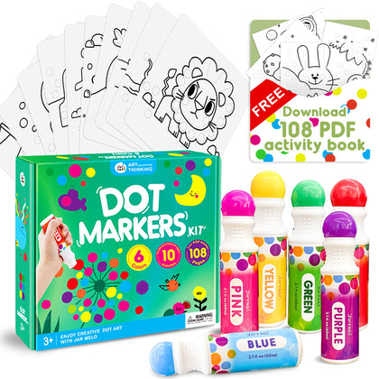 Jar Melo Dot Paint Art Marker Kit,Washable, Non-Toxic With 40 FREE Pdf Activity Book & Physical Sheets Daubers Marker for Toddler & Preschoolers, 6 Colors, 2.1 fl.oz