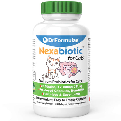 DrFormulas Nexabiotic Probiotics for Cats Powder | Treats Diarrhea for Pets with Saccharomyces Boulardii Lactobacillus Acidophilus, Best Probiotics Supplement for Digestive Health 30 Capsule