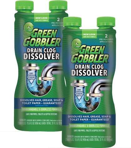 Green Gobbler Liquid Hair Drain Clog Remover & Cleaner, For Toilets, Sinks, Tubs - Septic Safe, 2 Pack