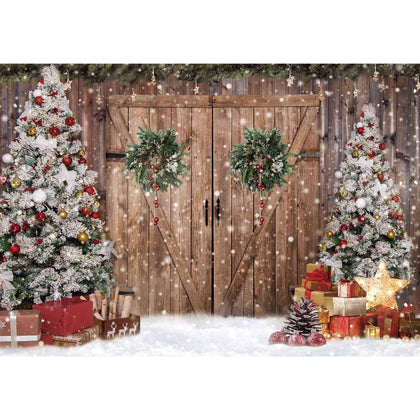 Felortte 7x5FT Polyester Fabric Winter Christmas Rustic Barn Wood Door Photography Backdrop Xmas Tree Snow Gifts Decor Background Banner for Family Holiday Party Supplies Photo Studio Props Pictures