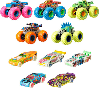 Hot Wheels Monster Trucks Glow in the Dark Multipack with 10 Toy Vehicles: 5 Monster Trucks & 5 1:64 Scale Cars, Collectible Toy for Kids Ages 4 to 8 Years Old, Medium