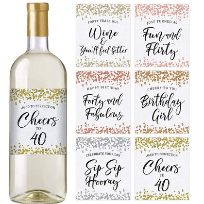 Printed Party 40th Birthday Wine Bottle Labels, Confetti, Set of 6