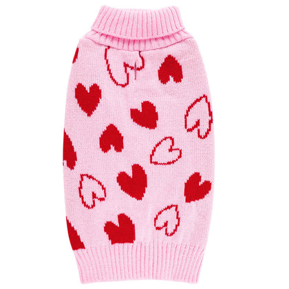 cyeollo Small Dog Valentines Sweater Heart Pattern Dog Clothes with Leash Hole Pullover Turtleneck Holiday Pet Apparel Pink