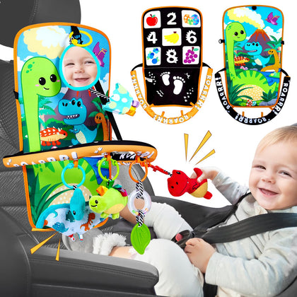 Innofans Baby Car Seat Dinosaurs Toys - Kick and Play Double Sided Infant Car Seat Toys with Plush Toys, Mirror, Teether for Baby, Baby Travel Activities, Christmas Birthday Gifts Newborn Infant Toys