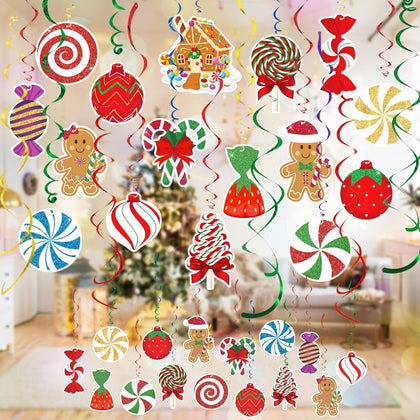 Candy Gingerbread Christmas Decorations - 36pcs Glitter Gingerbread House Candy Christmas Balls Hanging Swirls for Candyland Christmas Party Decor Supplies
