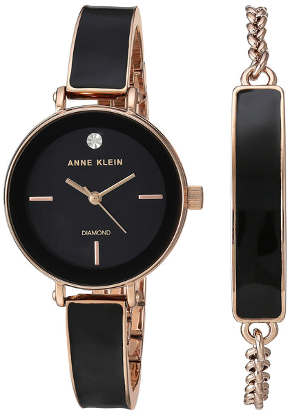 Anne Klein Women's Genuine Diamond Dial Rose Gold-Tone and Black Bangle Watch with Bracelet Set, AK/3620BKST