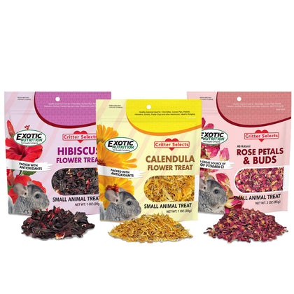 Exotic Nutrition Flower Treat 3 Pack - Healthy Assortment - Hibiscus, Calendula, Rose - for Squirrels, Guinea Pigs, Rabbits, Chinchillas, Prairie Dogs, Degus, Hamster, Gerbils, & Other Herbivores