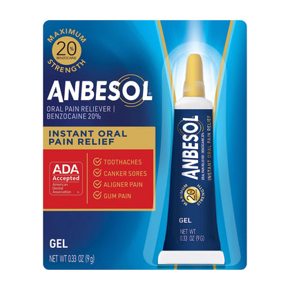 Anbesol Maximum Strength Oral Pain Relief Gel, Instant Pain Relief For Toothache Pain, Canker Sores, Sore Gums, Mouth Sores, Denture Pain, and Aligner Pain, ADA Accepted, 0.33 oz (packaging may vary)
