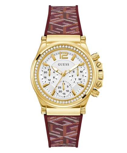 GUESS Women's 38mm Watch - Red Strap White Dial Gold Tone Case
