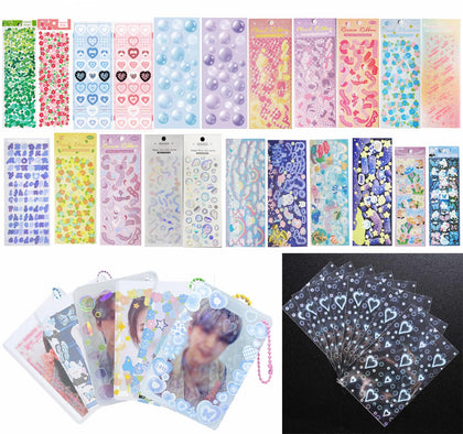 6 Kpop Photocard Holder Keychain Toploaders,50 Holographic Card Sleeves for Trading Cards ,22 Ribbon Heart Bubble Deco Korean Stickers for Binder Album Scrapbooking Top Loader