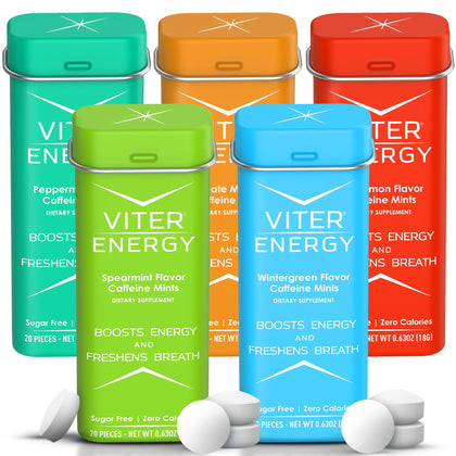 Viter Energy 40mg Caffeine Mints, Sugar Free, B Vitamins, Vegan, Energy & Focus Nootropic Supplement (Variety Flavors, 20pcs, 5 Pack, 120pcs Total)