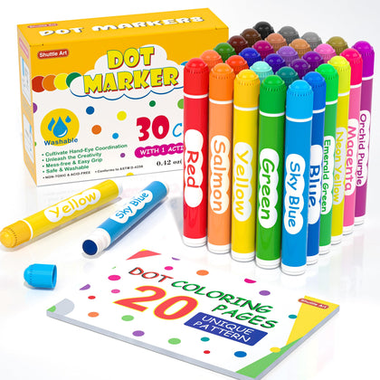 Shuttle Art Dot Markers, 30 Colors Washable for Toddlers with Free Activity Book, Bingo Daubers Supplies for Kids Preschool Children, Non Toxic Water-Based Dot Art Markers