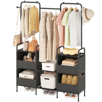 Laiensia Clothes Rack,3 Rods Portable Clothing Hanging Garment Rack,Coat and Shoe Rack with 4 Storage Shelves and 4 Storage Pockets,for Bedroom,Entryway,Living Room,Black