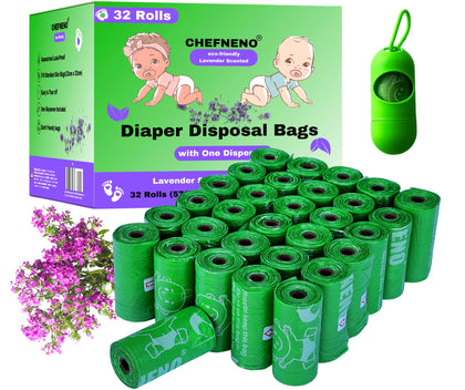 Baby Diaper Bag Disposable Lavender Scented 32 Refill Rolls with Dispenser (576 Bags) Diaper Sack Disposable Dog Poop Cat Litter Clump & Poop Bags Sanitary Pad Waste Bags (Scented, 32 Rolls)