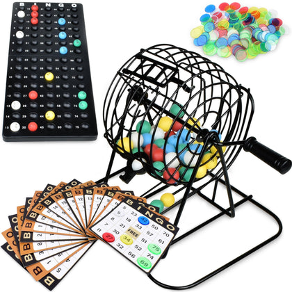 Queensell Deluxe Bingo Game Set - Metal Cage with Calling Board, Bingo Cards, 150 Bingo Chips, 75 Bingo Balls, Family Board Games for Kids and Adults, Juegos de Mesa
