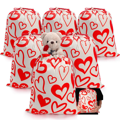 Huhumy 6 Pcs Valentines Bags Large Gift Bag with Drawstring Jumbo Canvas Gift Bag Heart Print Reusable Present Gift Wrapping Storage Bag for Wedding Bridal Shower Party Supply, 20 x 16 In(Red)