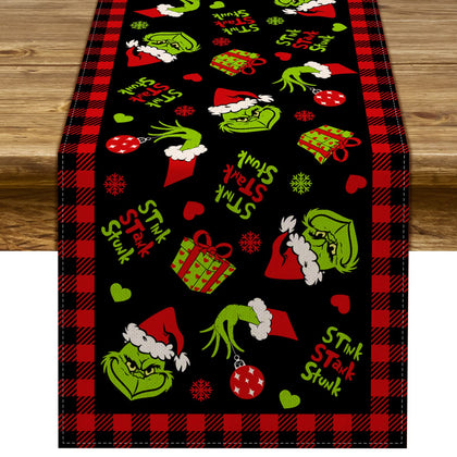 Pudodo Grinchmas Table Runner Merry Christmas Buffalo Plaid Check Winter Holiday Party Decoration Fireplace Kitchen Dining Home Decor (Black and Red, 13