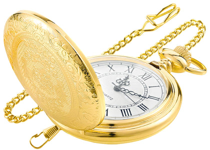 Realpoo Gold Large Decorative Flower Pattern Pocket Watch White Roman Numeral Scale Quartz Pocket Watches for Men with Chain