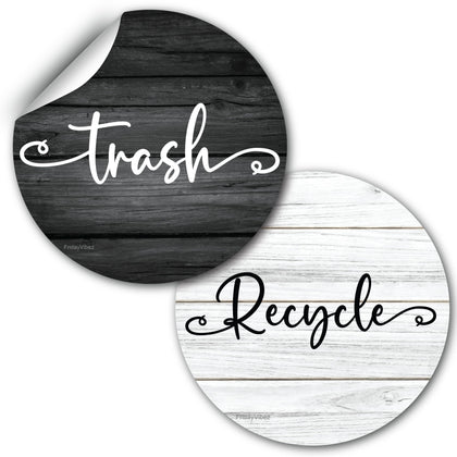 Recycle and Trash Stickers for Kitchen Trash Cans and Recycling Bins, Indoor Trash and Recycle Sticker Combo for Garbage Can Logo Symbol, 2 Farmhouse Decals, 4 Inch Circle Decal for Home or Outdoor
