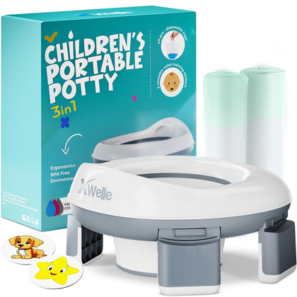 XWelle 3 in 1 Portable Potty For Toddler Travel +GIFT- Potty Training Toilet - Travel Potty Seat For Toddler - Foldable Potty Seat For Toddler Travel - Baby Toilet Trainer - Folding Kids Toilet (grey)