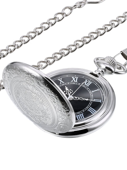 Hicarer Quartz Pocket Watch for Men with Black Dial and Chain Vintage Roman Numerals Christmas Gifts Birthday (Silver)