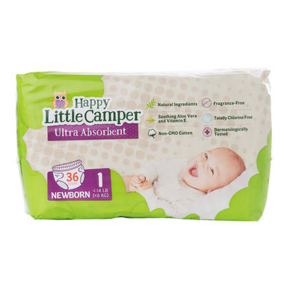 Happy Little Camper Ultra-Absorbent Hypoallergenic Natural Disposable Baby Diapers, Chlorine-Free Protection for Sensitive Skin, Newborn, Size 1, 36 Count