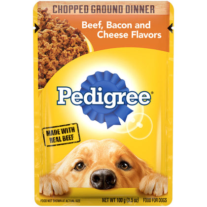 PEDIGREE CHOPPED GROUND DINNER Adult Soft Wet Dog Food, Beef, Bacon & Cheese Flavors, 3.5 oz Pouches, 16 Pack