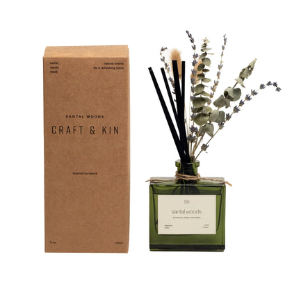 Craft & Kin Reed Diffuser Set with Dried Flowers, 5 oz Santal Woods Scented Reed Diffuser with Sticks, Scented Sticks Diffuser, Elegant Home Decor & Office Décor