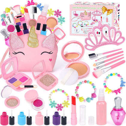 EULRGAUS Pretend Makeup for Toddlers, Kids Makeup Kit for Girl, Play Makeup for Little Girls, Toddler Makeup Kit with Unicorn Bag for Little Girls Age 3 4 5 6 7+ Christmas Birthday Gift (Fake Makeup)