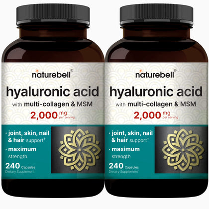NatureBell 2 Pack Hyaluronic Acid Supplements 2000mg | 480 Total Capsules, with MSM & Multi Collagen - 3 in 1 Support - Skin Hydration, Joint Lubrication, Hair, and Eye Health