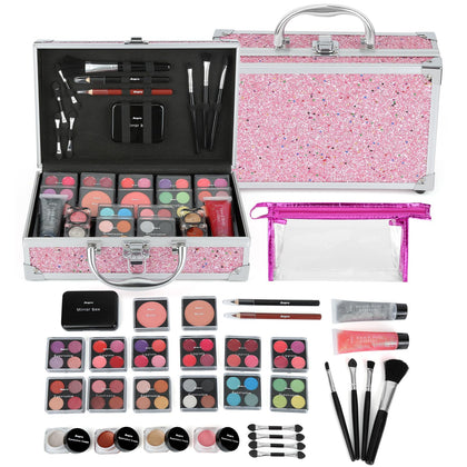 Anpro All-In-One Makeup Carry Case with Pro Teen Makeup Set, Full Starter Cosmetics Kit with Makeup Brushes, Lipsticks, Eye Shadows Palette, Blushes, Glitter Gel-Pink