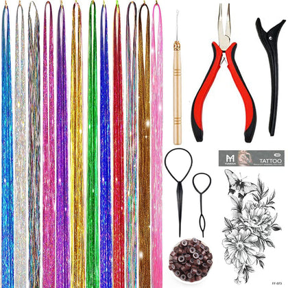 Hair Tinsel Kit, Fairy Tinsel Hair Extensions With Tool 2760 Strands 12 Colors Holographic Hair Tinsel Heat Resistant Sparkling Hair Glitter for Christmas New Year Party (48 Inch)