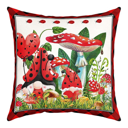 Red Mushroom Pillow Cover Cartoon Cute Ladybug Wild Botanical Plants Decor Cushion Cover for Kids Boys Girls Retro Plaid Rustic Jungle Cushion Case for Bedroom Sofa RV 18x18 Inch