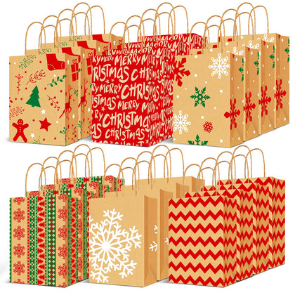 LAYAONE Christmas Kraft Gift Bags 24 pcs - Holiday Paper Gift Bag - Christmas Goody Bags, Xmas Gift Bags with Handles - Classrooms Party Decorations Favors Bags with Assorted Prints