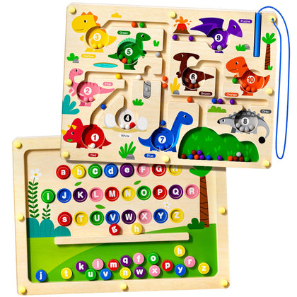 UMEREACT 2 in 1 Magnetic Color and Number Maze Double-Sided ABC Alphabet Puzzles Board Magnet Dinosaur Counting Maze Preschool Learning Montessori Education 3 4 5 Years Toys