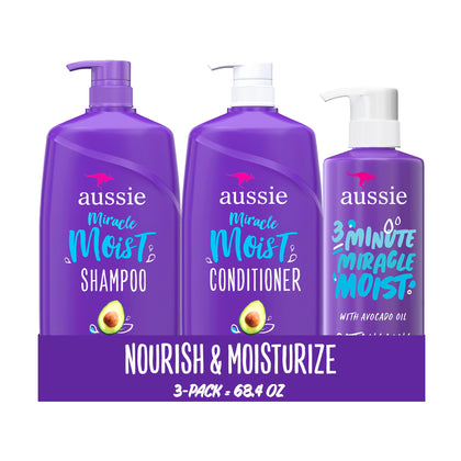 Aussie Miracle Moist Shampoo, and 3 Minute Miracle Deep Conditioner Hair Treatment Bundle, Infused with Avocado & Australian Jojoba Oil, Paraben Free, White, Citrus, 3 Piece Set (Packaging May Vary)